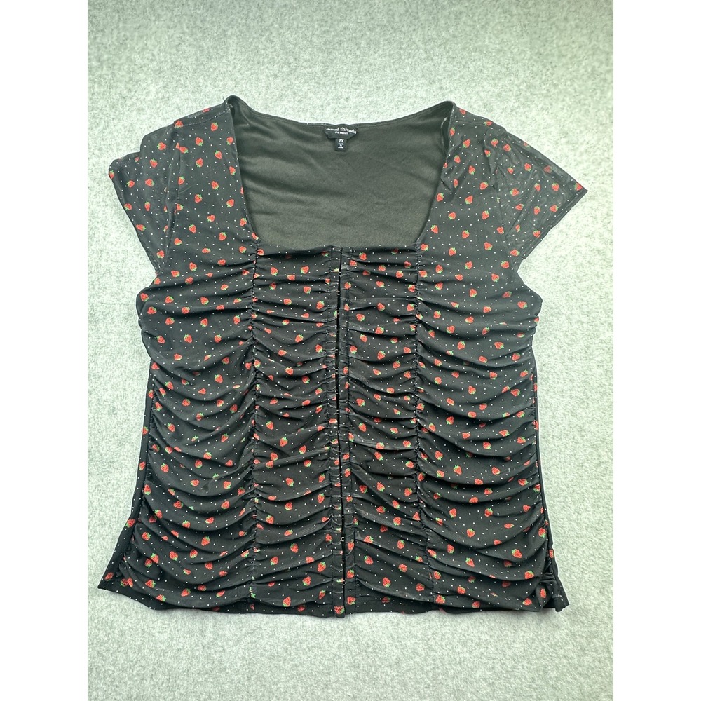 Mixed Threads Los Angeles Strawberry Mesh Ruched Hook & Eye Top Black 2X